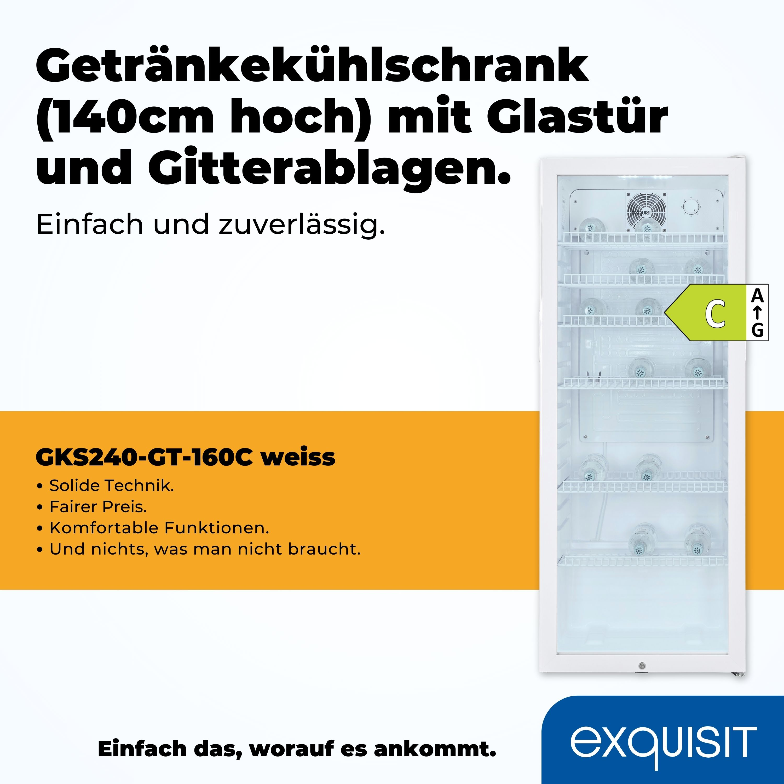 Weißer Kühlschrank mit Glastür, Innenregalen und gelbem Energieeffizienzlabel.