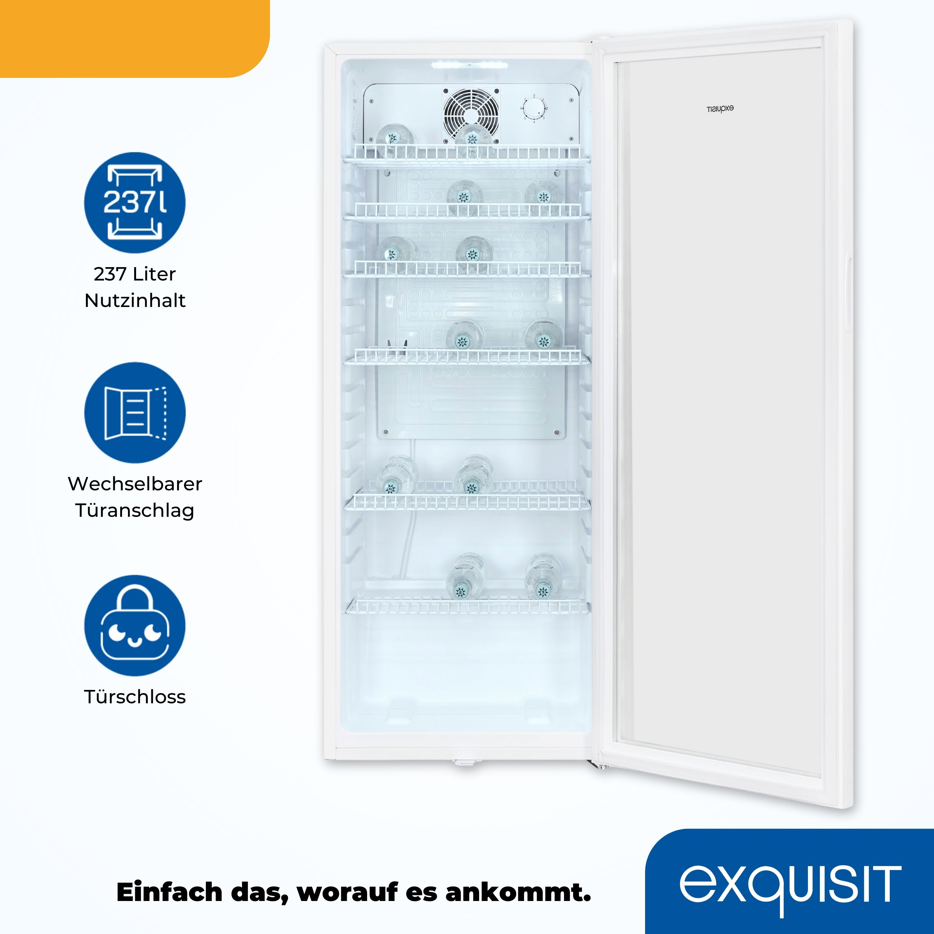 Weißer Stand-Gefrierschrank mit offener Tür. Zeigt Regale, blaue Beleuchtung und Text unten.