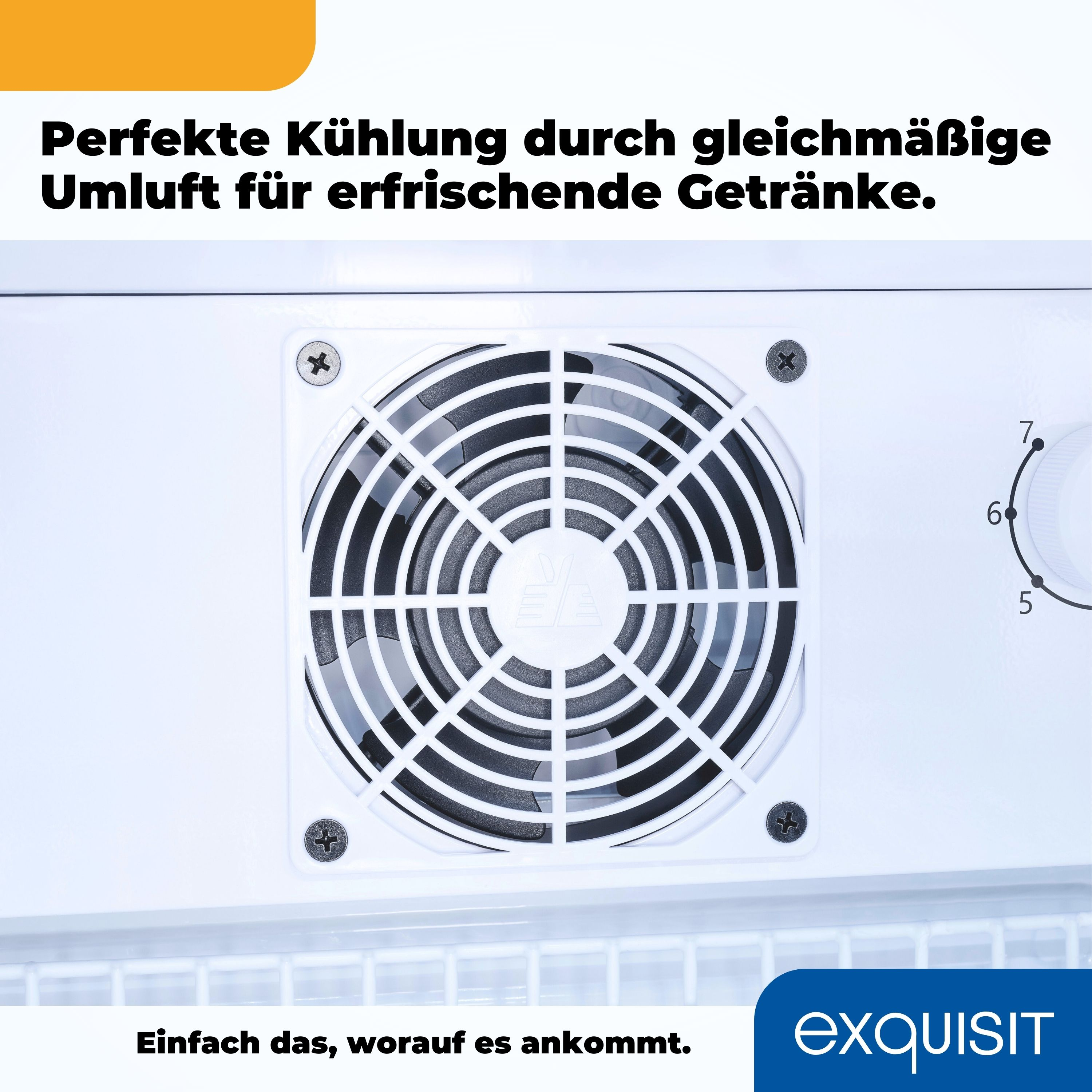 Nahaufnahme einer Kühlschranklüftung und des Bedienfelds. Die Lüftung ist weiß, das Bedienfeld hat einen Drehregler.