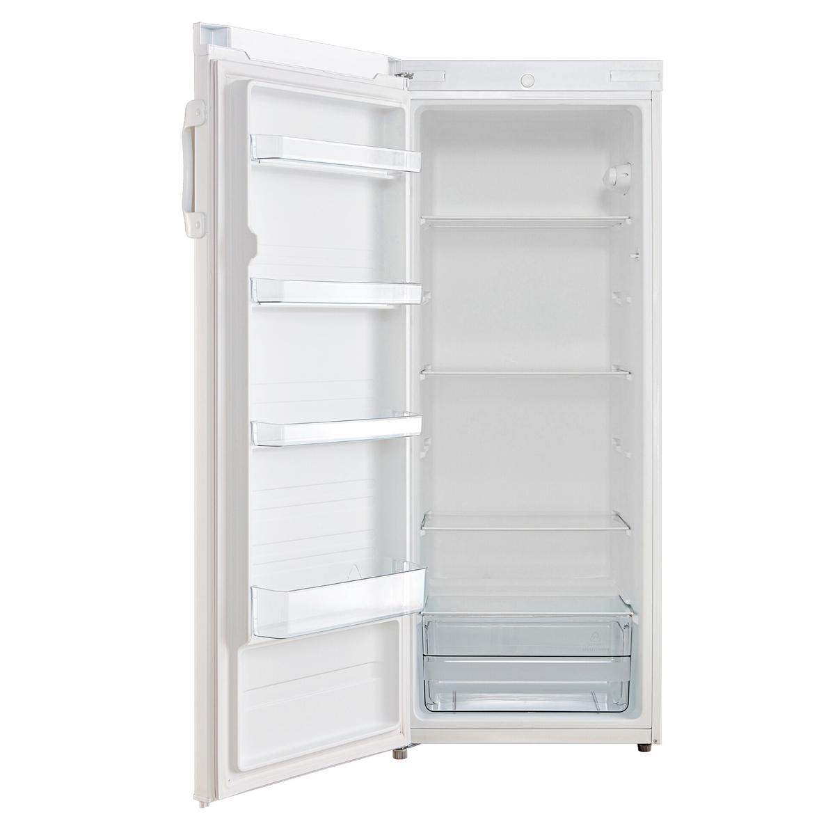 Ein leerer weißer Kühlschrank mit geöffneter Tür. Regale und Schubladen sind im Inneren sichtbar. Weißer Hintergrund.