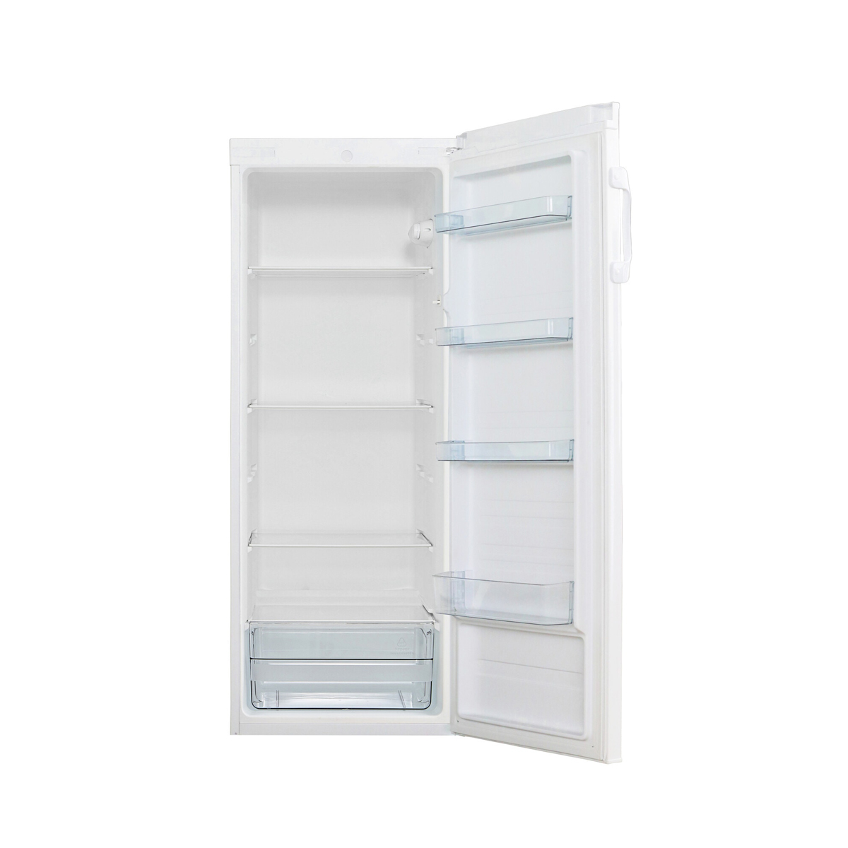 Leerer weißer Kühlschrank mit offener Tür. Regale und Schubladen sind sichtbar.