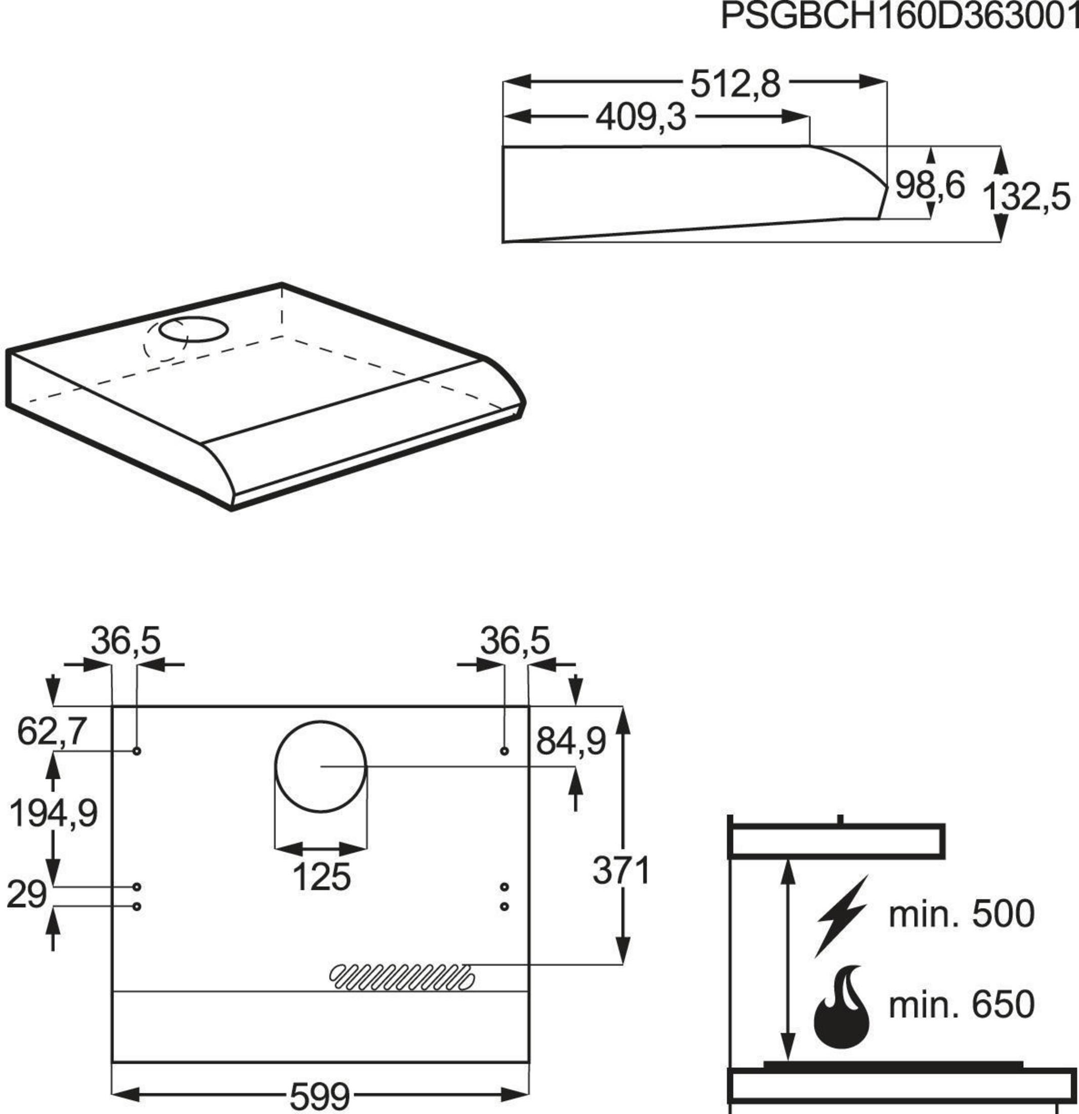 Diagramm einer Dunstabzugshaube mit Abmessungen. Zeigt Draufsicht, Vorderansicht und Seitenansicht.
