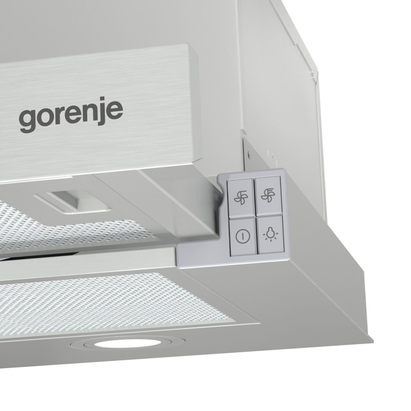 Primo piano di una cappa Gorenje con pulsanti di controllo sul lato destro.