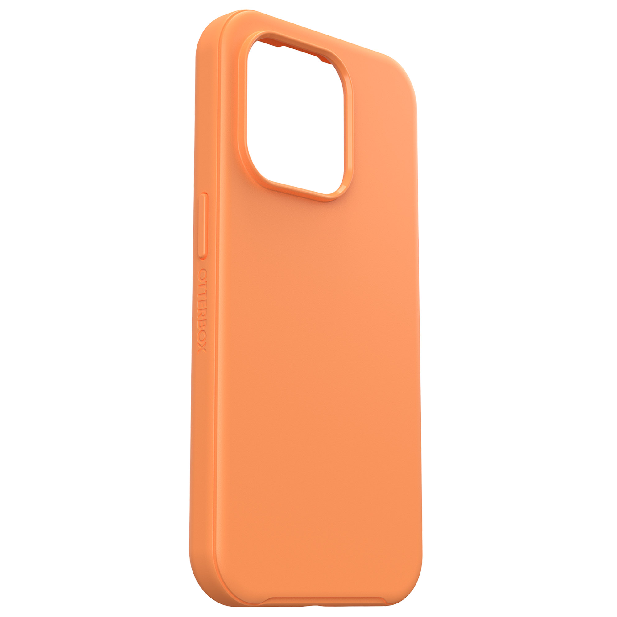 Funda naranja para teléfono. Logotipo Otterbox en el lateral. Recorte rectangular para cámara.