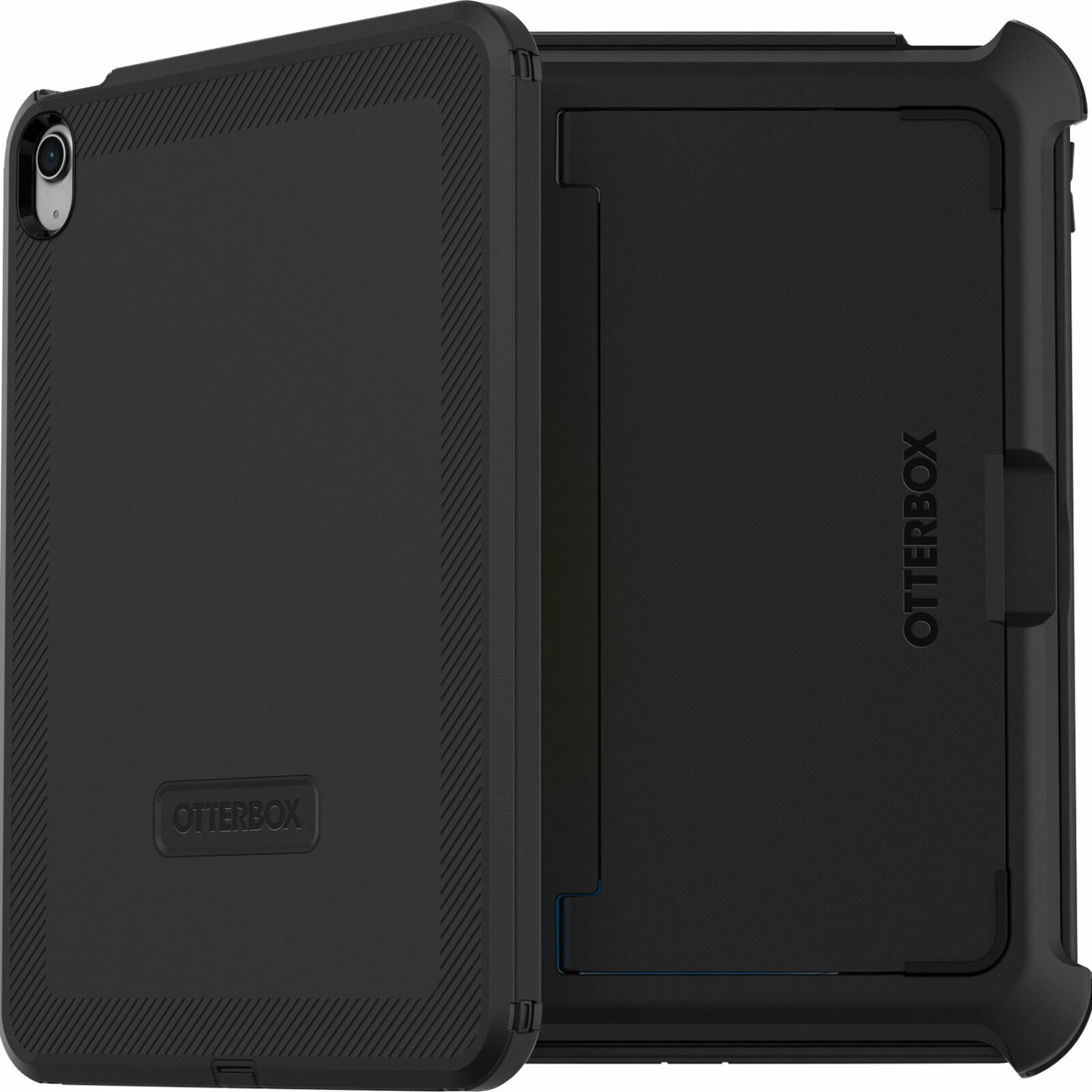 Schwarzes Tablet-Case, offen, zeigt Vorderseite mit Muster und Rückseite mit Otterbox-Logo.