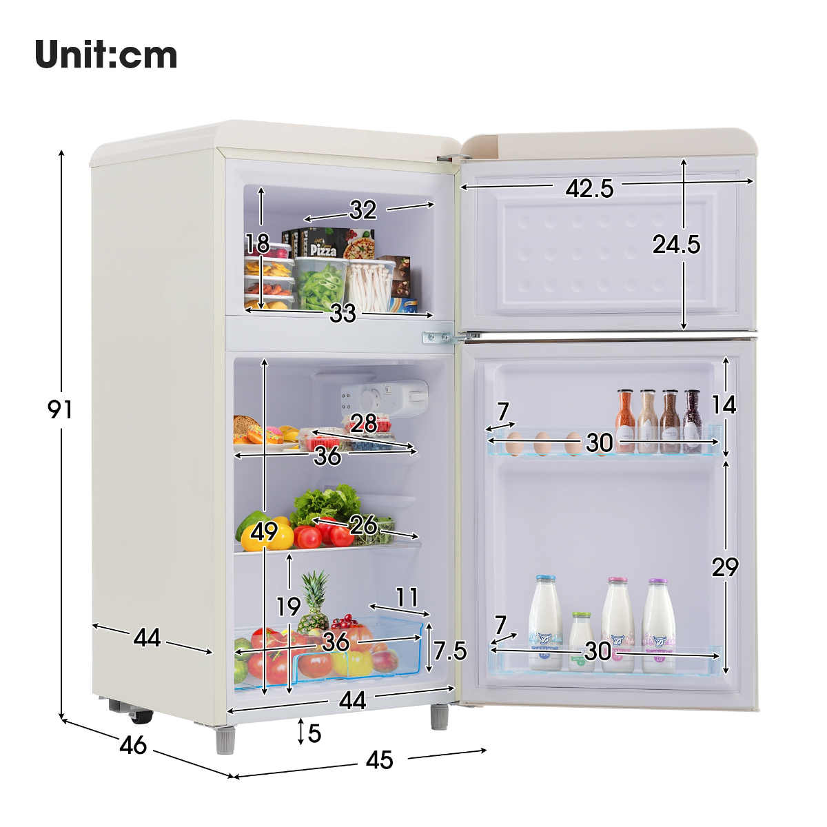 Beiger Kühlschrank mit offenen Türen, zeigt das Innere mit Lebensmitteln und Maßen.