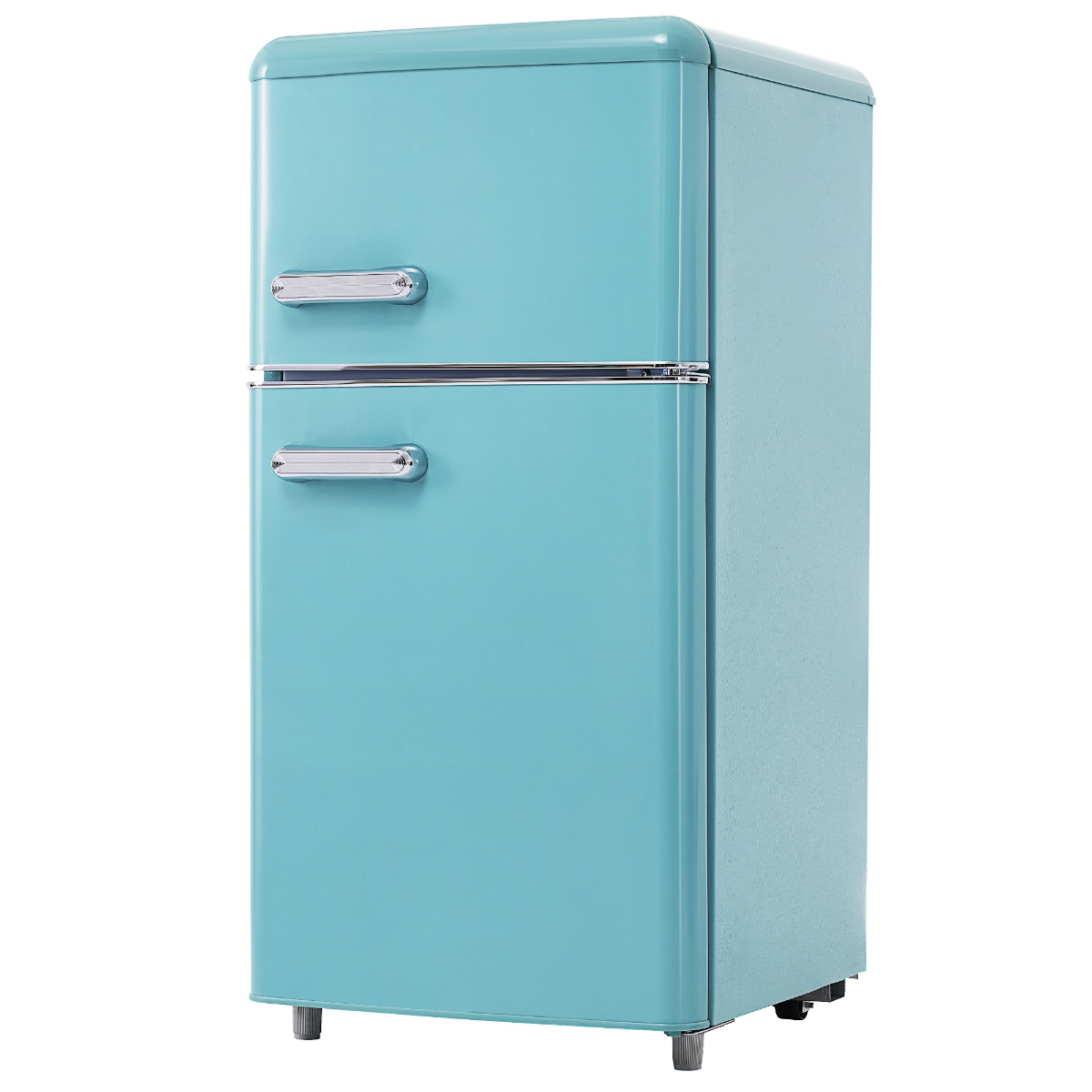 Hellblauer Kühlschrank im Retro-Stil mit silbernen Griffen und vier Beinen.