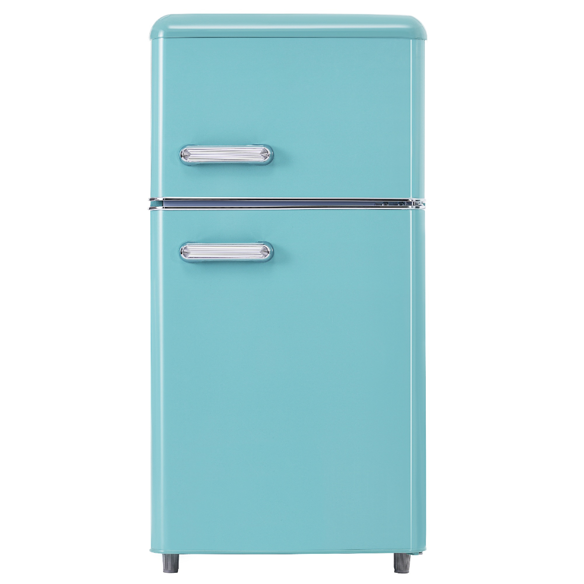 Ein hellblauer Retro-Kühlschrank mit zwei Türen und Chromgriffen.