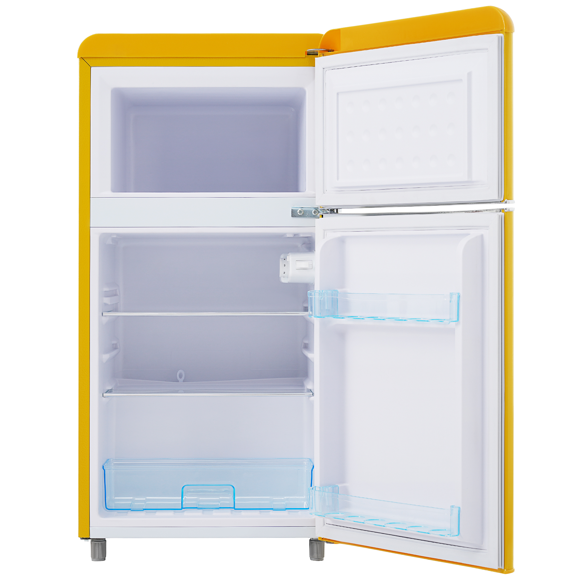 Gelber Retro-Kühlschrank mit geöffneten Türen, der Regale und Fächer im Inneren zeigt.