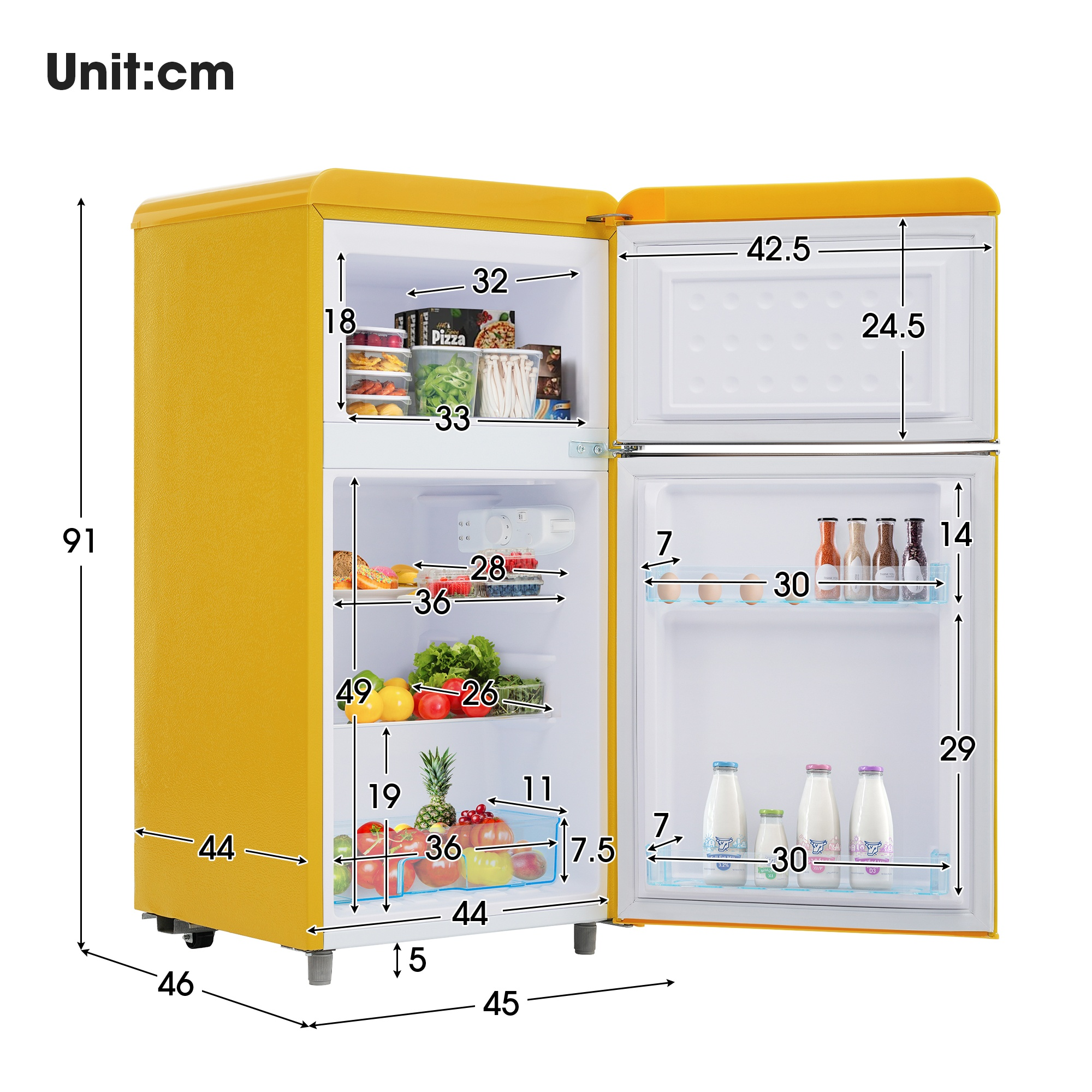 Ein gelber Retro-Kühlschrank mit Maßen. Das Innere zeigt Lebensmittel und Regale.