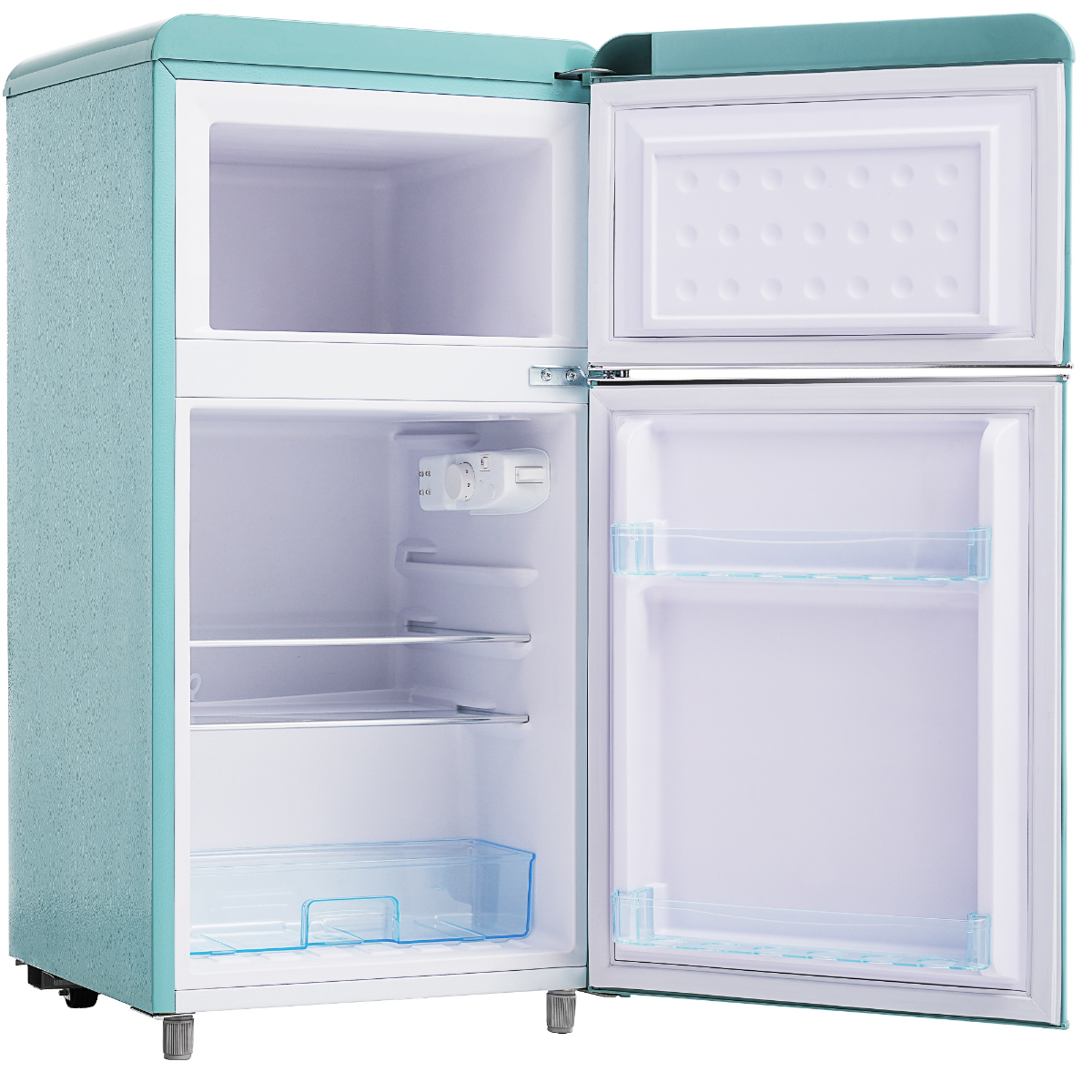 Ein türkisfarbener Retro-Kühlschrank mit geöffneten Türen, zeigt Regale und Innenfächer.