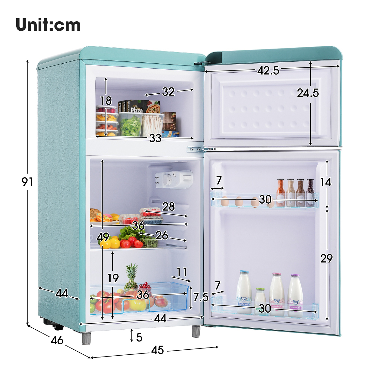 Ein türkisblauer Kühlschrank mit offenen Türen, der Regale mit Lebensmitteln und Abmessungen in cm zeigt.
