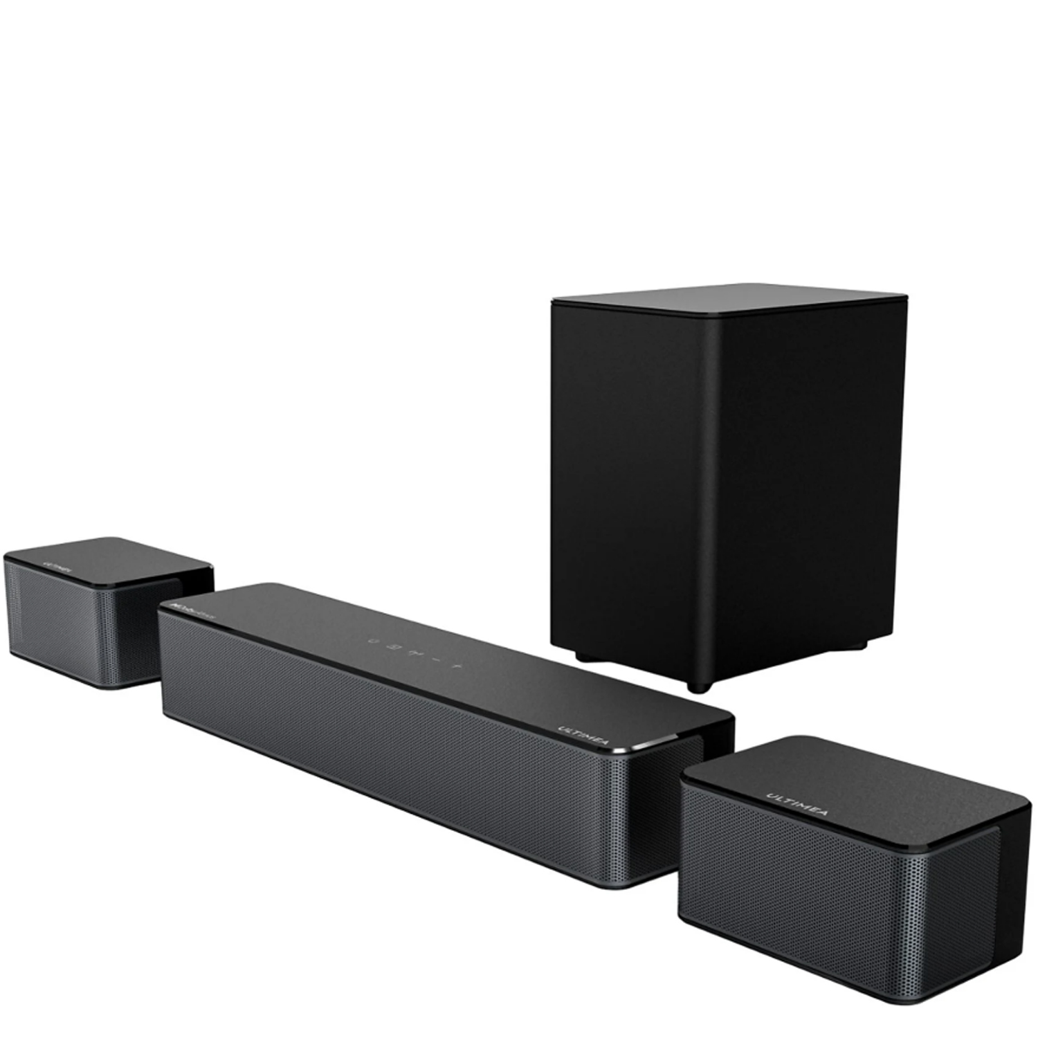 Schwarzes Lautsprechersystem mit Soundbar, Subwoofer und zwei Satelliten.