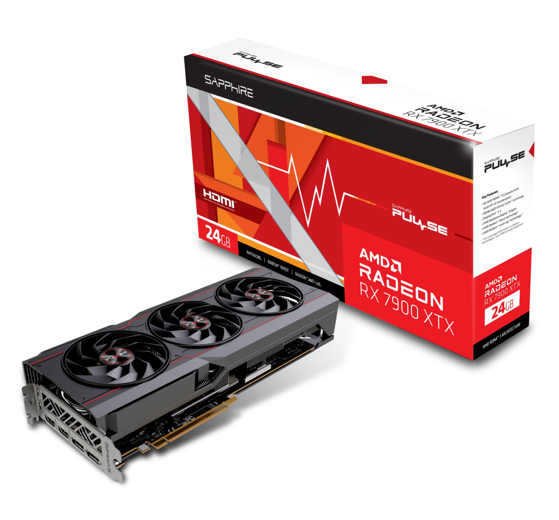 Grafische kaart met drie ventilatoren en een doos. De doos heeft het AMD Radeon RX 7900 XTX label.