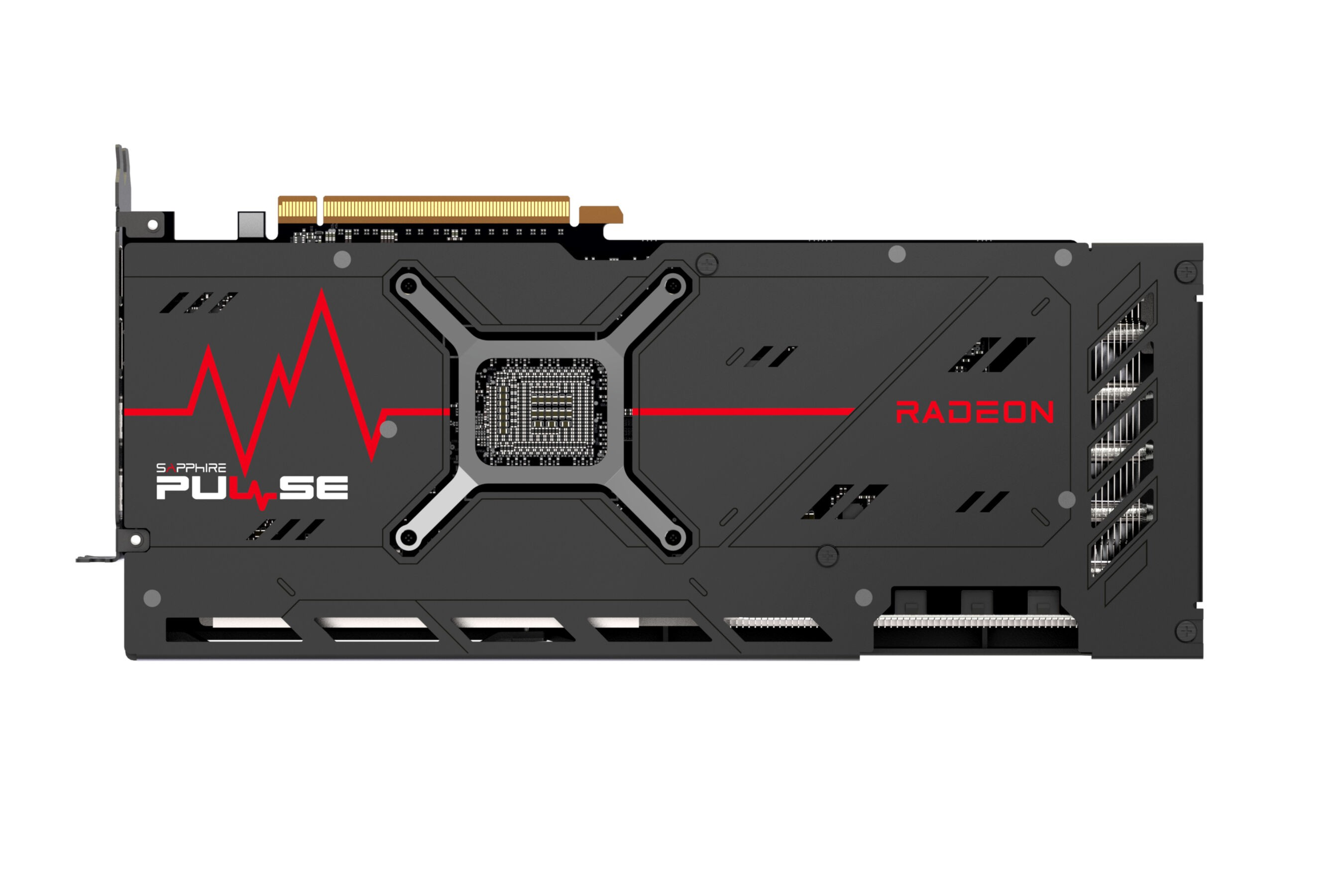 Een zwarte en rode grafische kaart met het Radeon Pulse logo, tegen een witte achtergrond.