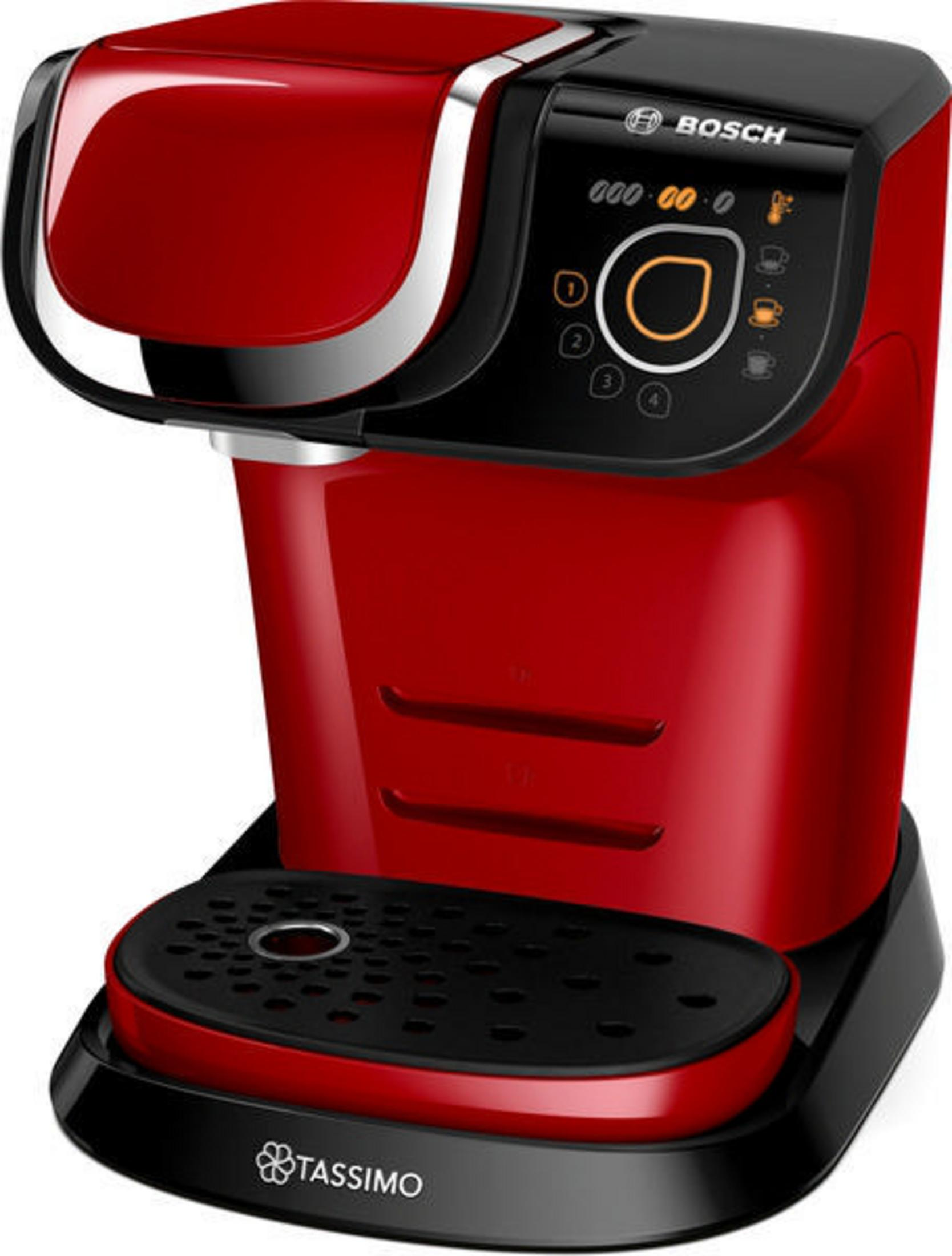 Macchina da caffè Tassimo Bosch rossa e nera. Ha display integrato e pulsanti.