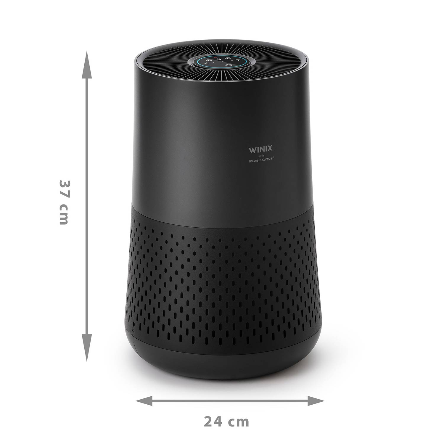 Un purificatore d'aria nero e alto con le dimensioni visualizzate su uno sfondo bianco.