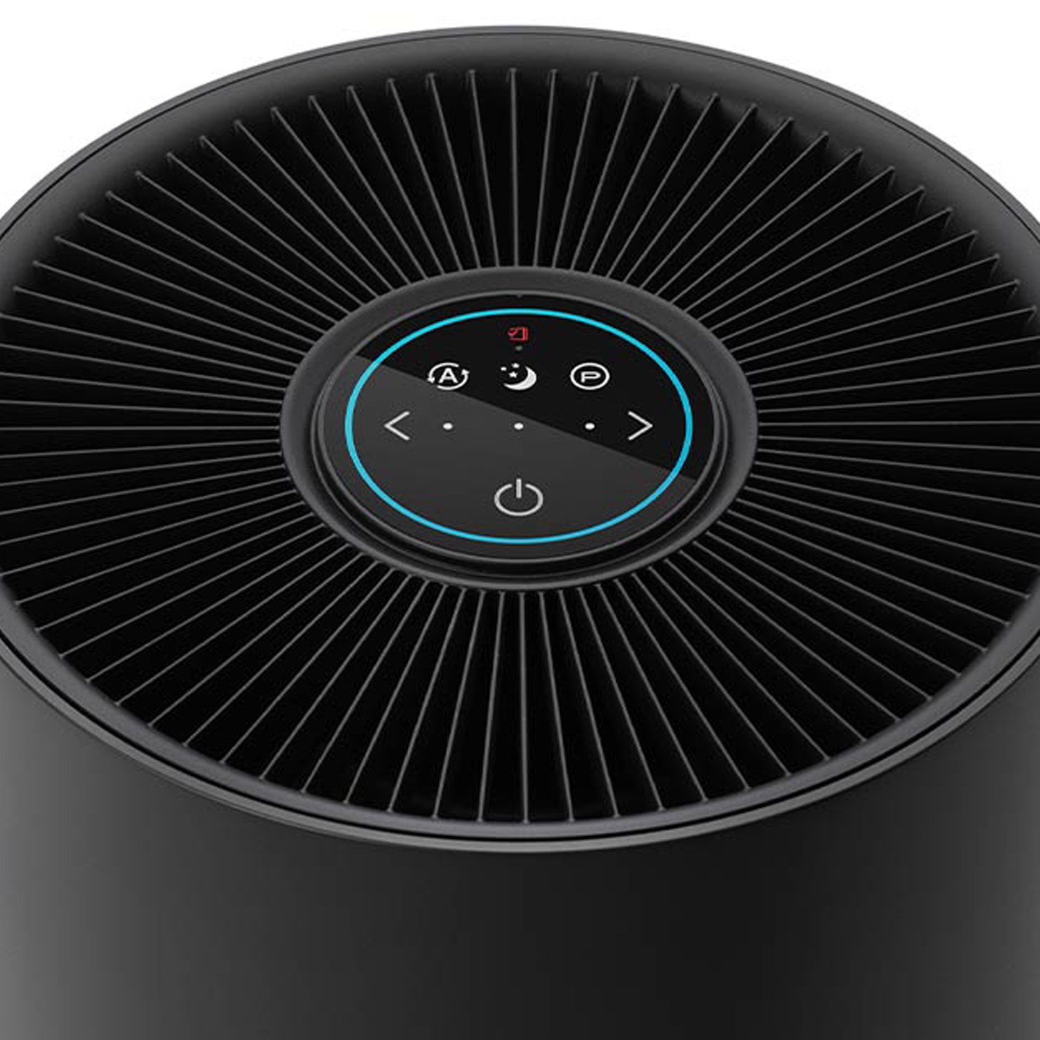 Purificatore d'aria nero. Pannello di controllo circolare con pulsanti touch.