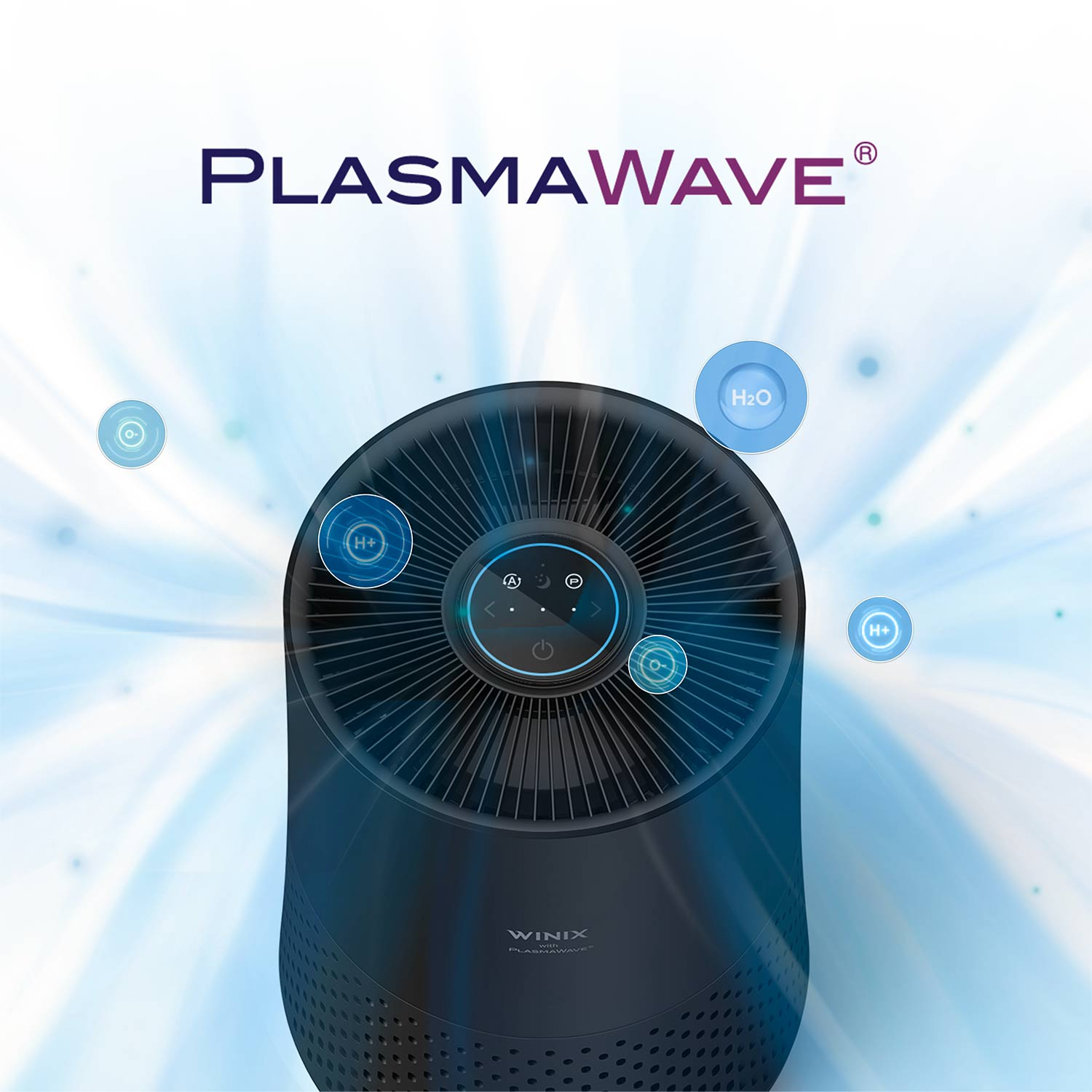 Purificatore d'aria nero con accenti blu. Sovrapposizione di testo: PlasmaWave.