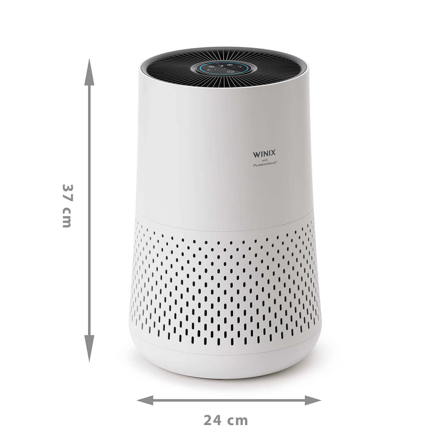 Purificatore d'aria bianco con parte superiore e inferiore nere, dimensioni 37 cm di altezza e 24 cm di larghezza.