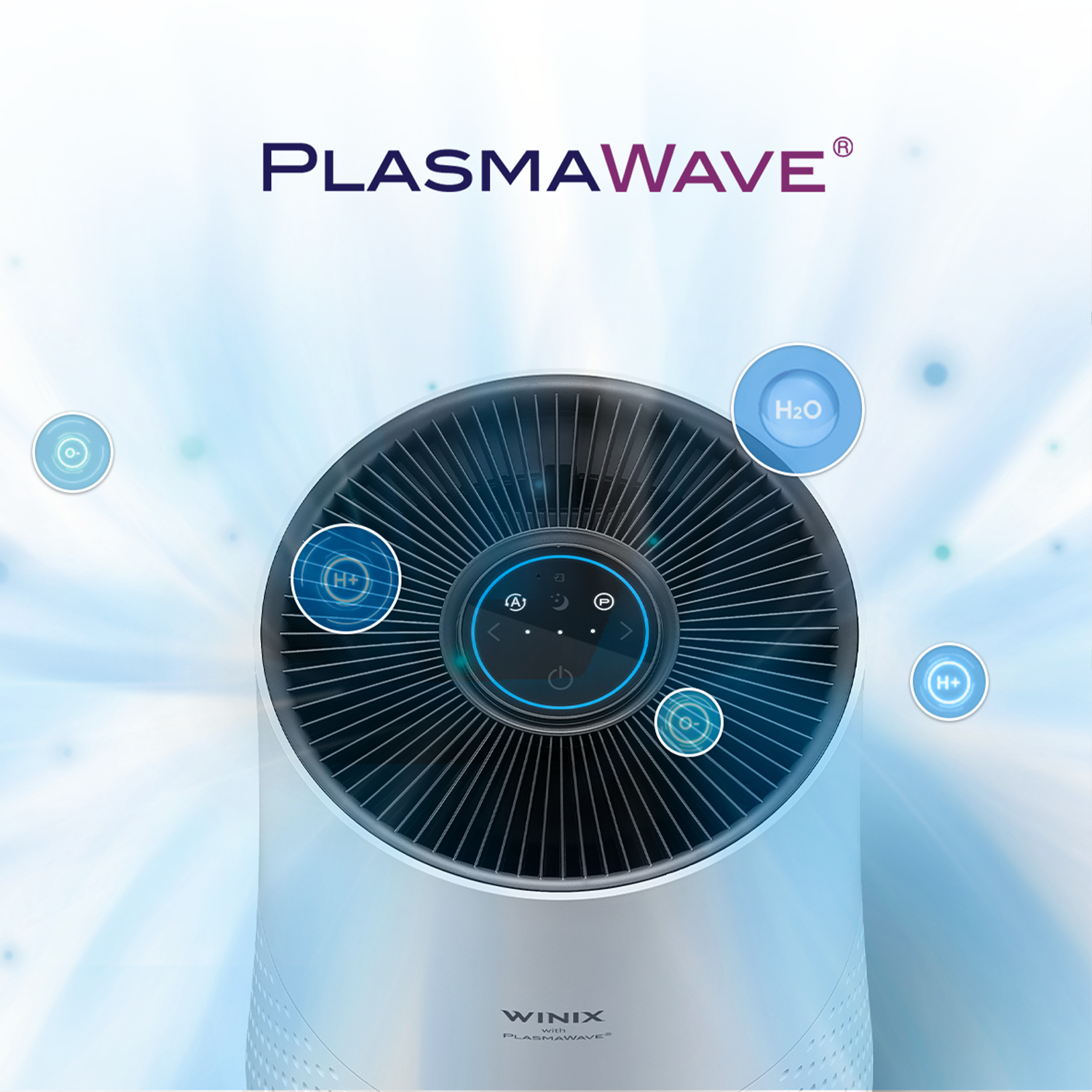 Purificatore d'aria con logo PlasmaWave, ventola e molecole d'acqua.