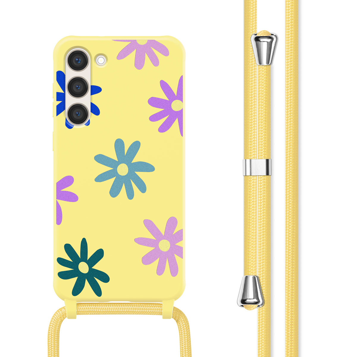 Gele telefoonhoes met kleurrijk bloemdesign. Een gele band is bevestigd.
