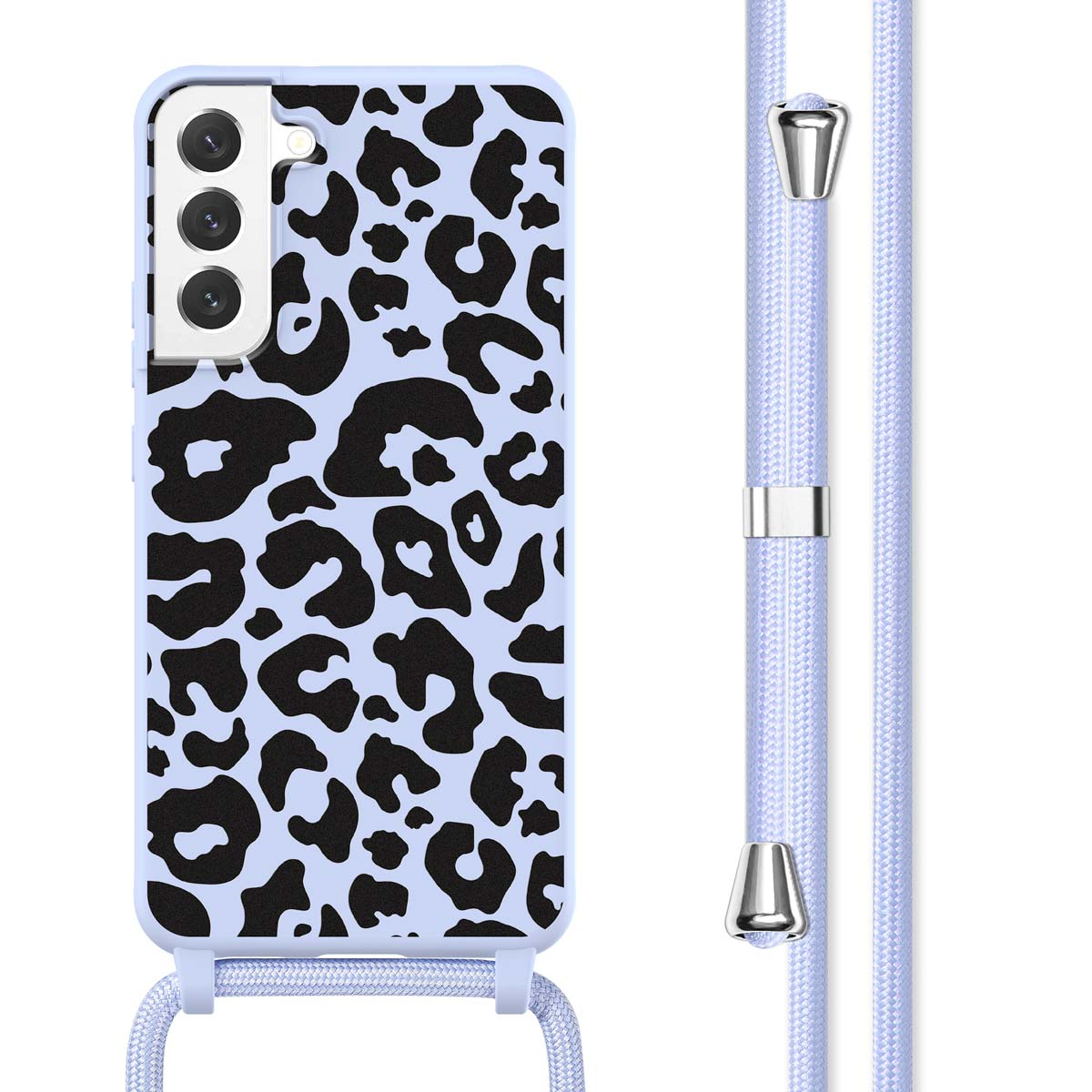 Coque de téléphone avec un fond bleu et des taches de léopard noires. Un cordon est connecté.