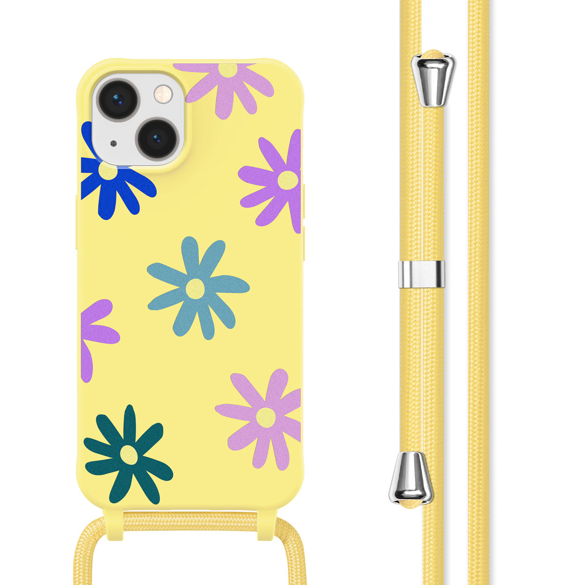 Gele telefoonhoes met bloemenpatroon. Geel koord bevestigd.