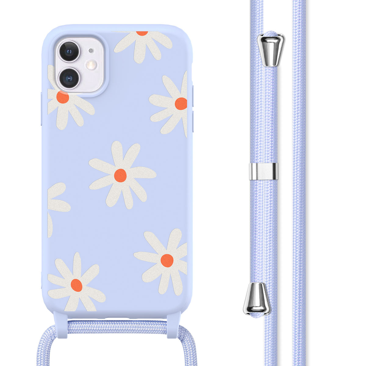 Lichtblauwe telefoonhoes met madeliefpatroon en een bijpassend koord.