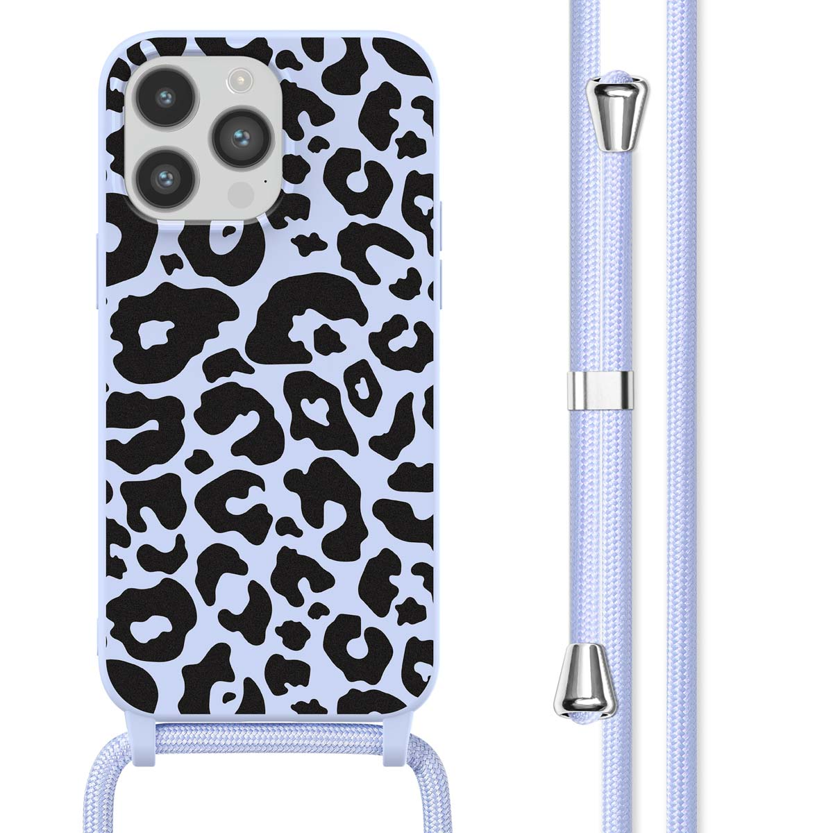 Telefoon met een luipaardprint hoesje en een blauw koord. Het hoesje is lichtblauw en zwart.