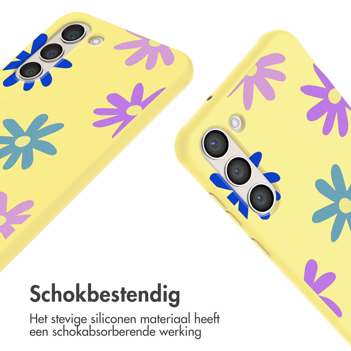 Gele telefoonhoesjes met bloemenpatroon. De achtergrond is wit. De hoesjes hebben blauwe en paarse bloemen.