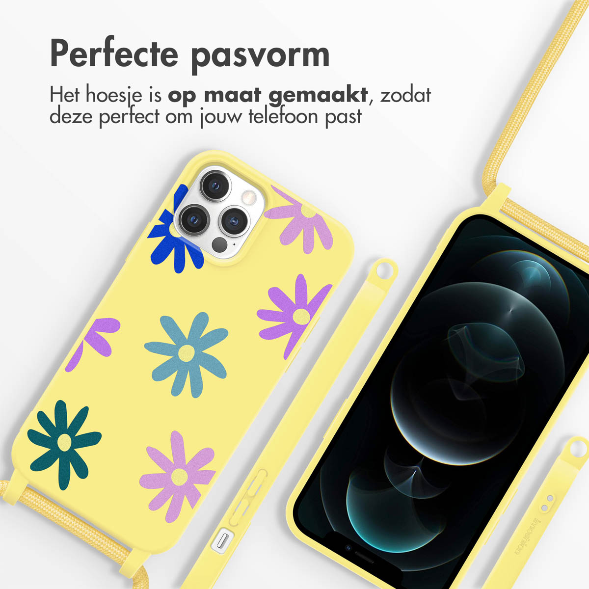 Gelbe Handyhülle mit Blumendesign. Die Handyhülle hat einen gelben Riemen. Telefon zeigt dunklen Bildschirm.