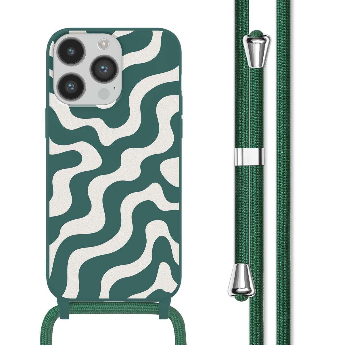 Groene en witte wervelende telefoonhoes, groene band met metalen details.