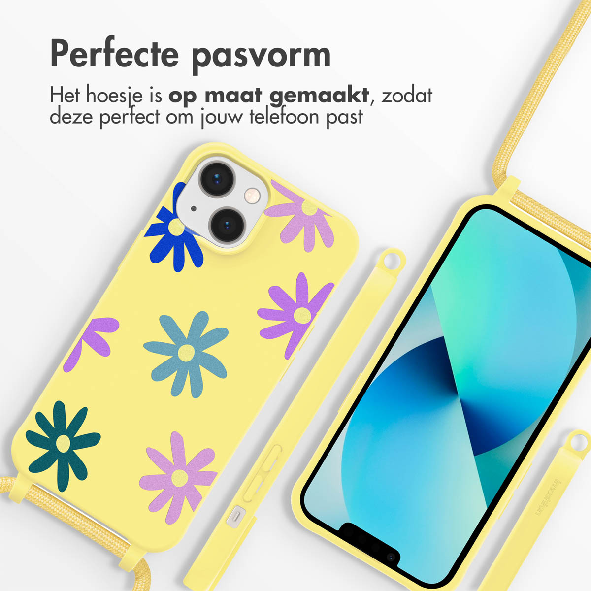 Een gele telefoonhoes met bloemen en een telefoon met een riem.