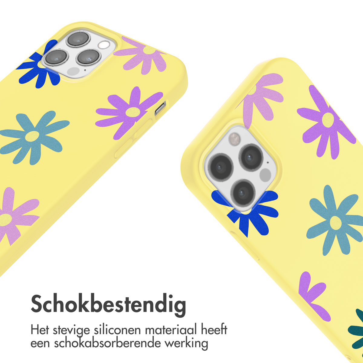 Gelbe Handyhüllen mit Blumendesign. Die Hüllen haben lila und blaue Blumenmuster.