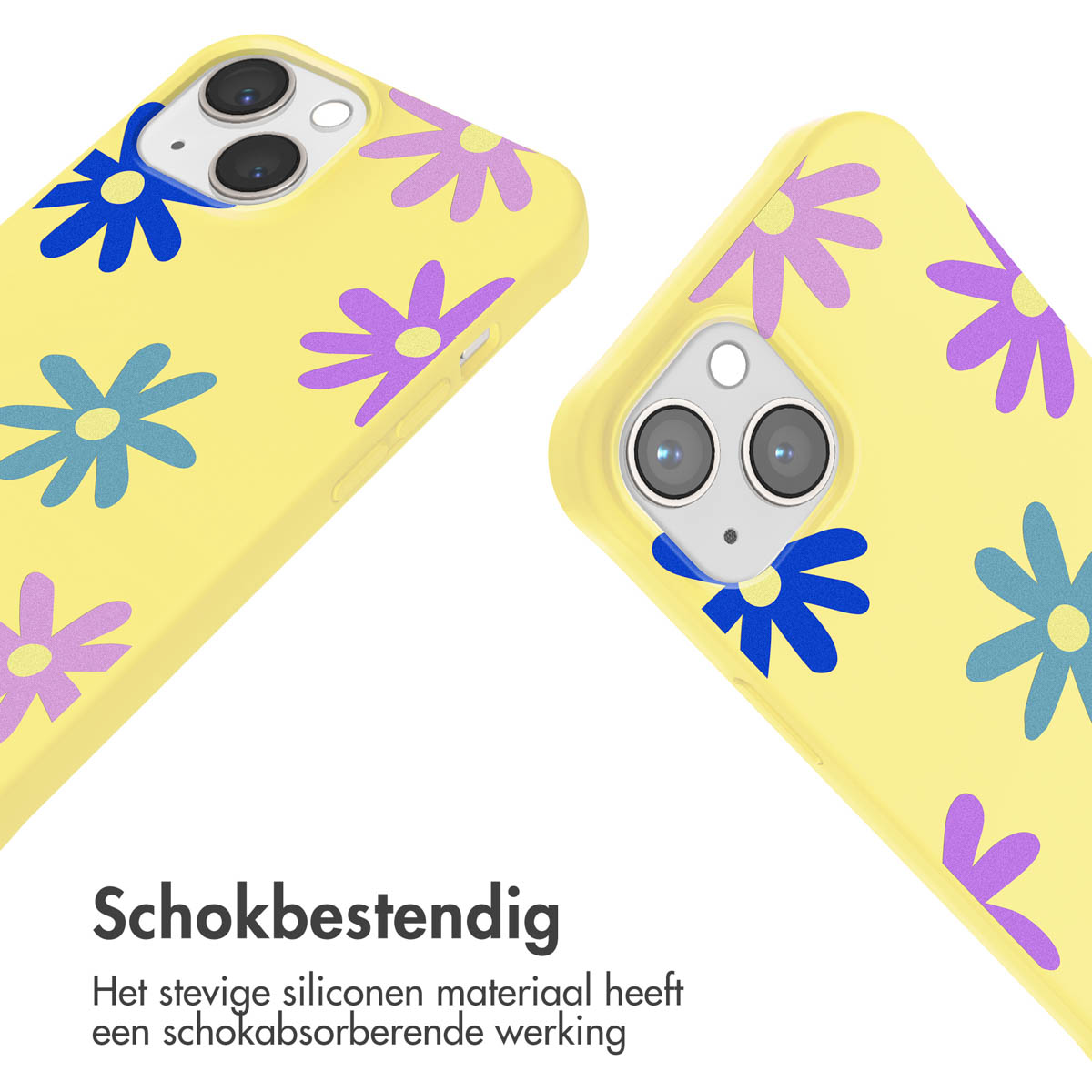 Gele telefoonhoes met bloemenpatroon en tekst over schokbestendigheid.