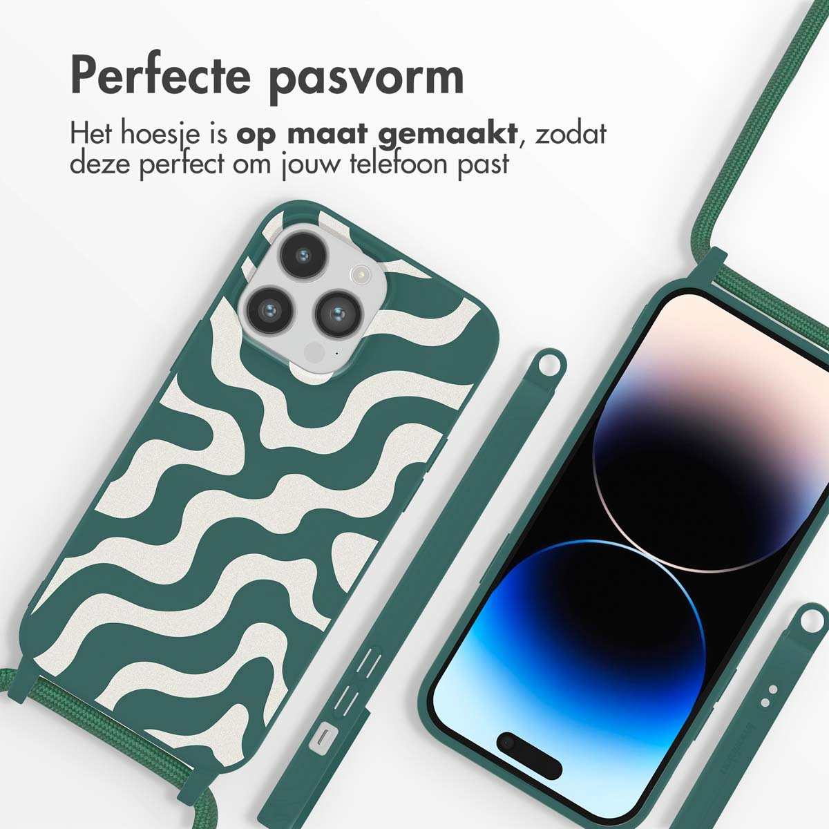 Telefoonhoesje met een groen golvend patroon. Het heeft een groene riem en de telefoon is zichtbaar.