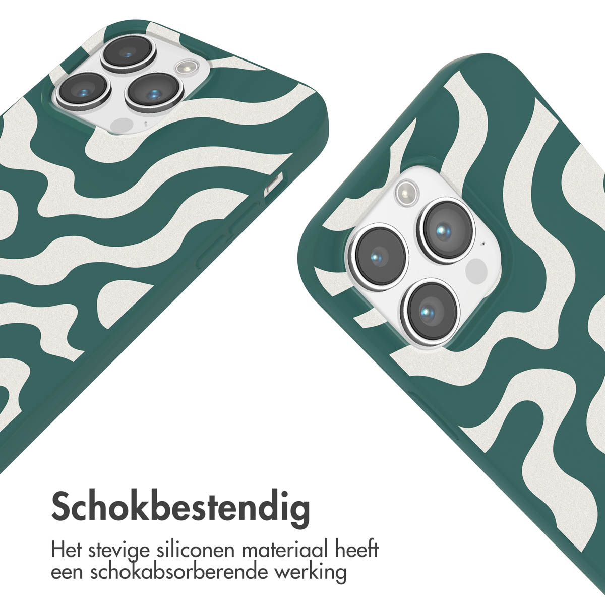 Close-up van een telefoonhoesje met een groen golvend patroon, die de achterkant van de telefoon laat zien.