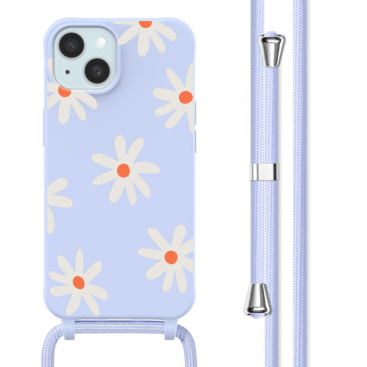 Een telefoonhoesje met madeliefpatroon. Een lichtpaarse hoes met een bijpassend koord.