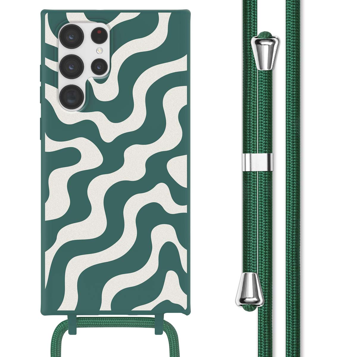 Groene telefoonhoes met golfpatroon en een bijpassend koord.