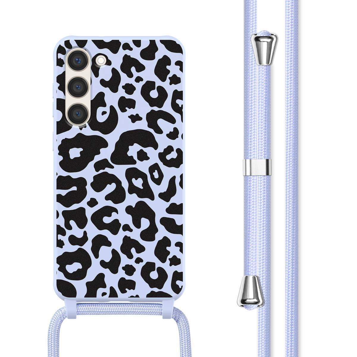 Telefoonhoesje met een luipaardprint ontwerp. Er is een lichtblauwe telefoonriem bevestigd.
