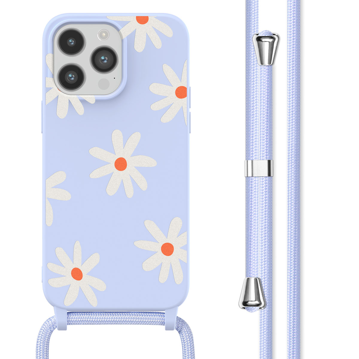 Blauwe telefoonhoes met witte madeliefjes, bijpassende band met metalen details.