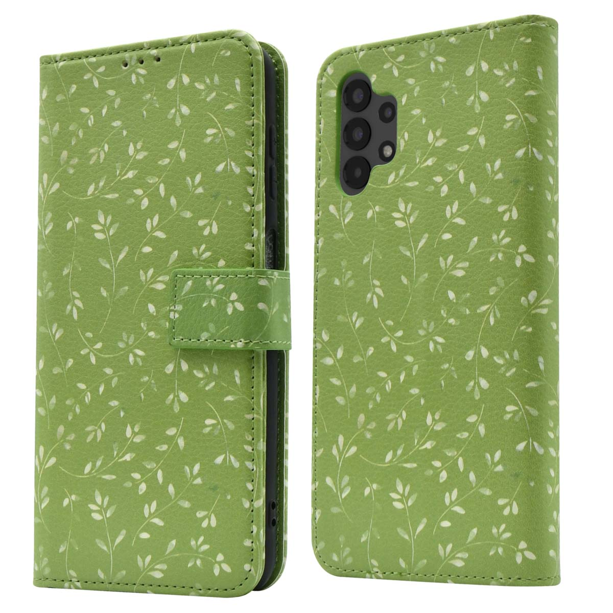 Coque de téléphone verte avec motif de feuilles. Style portefeuille avec bouton.