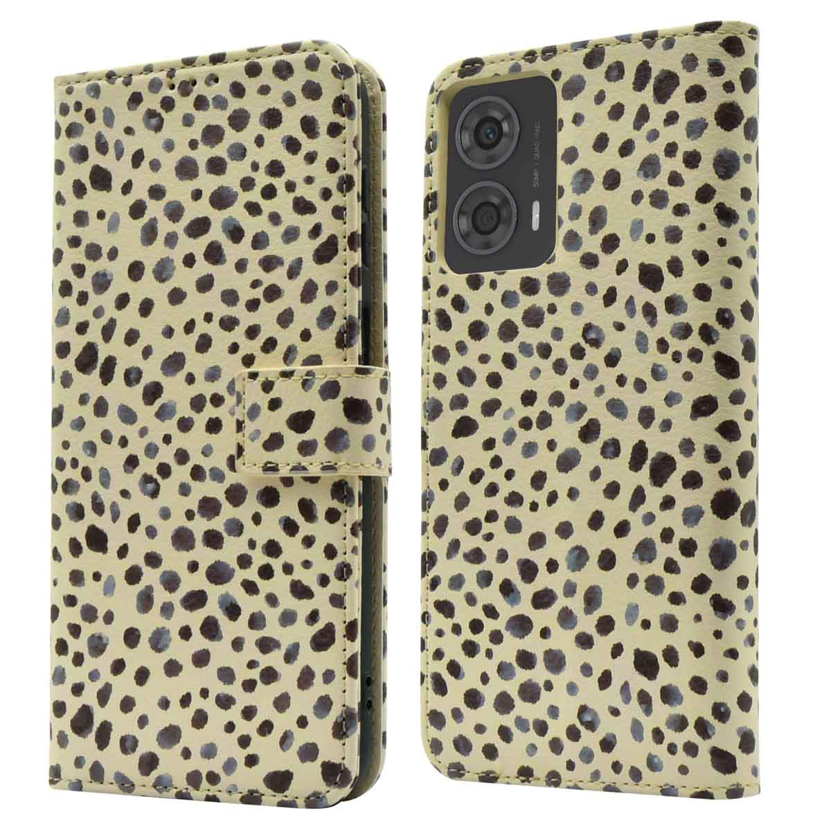 Beige telefoonhoesje met zwarte stippen, open en dicht. Telefoon heeft dubbele camera.