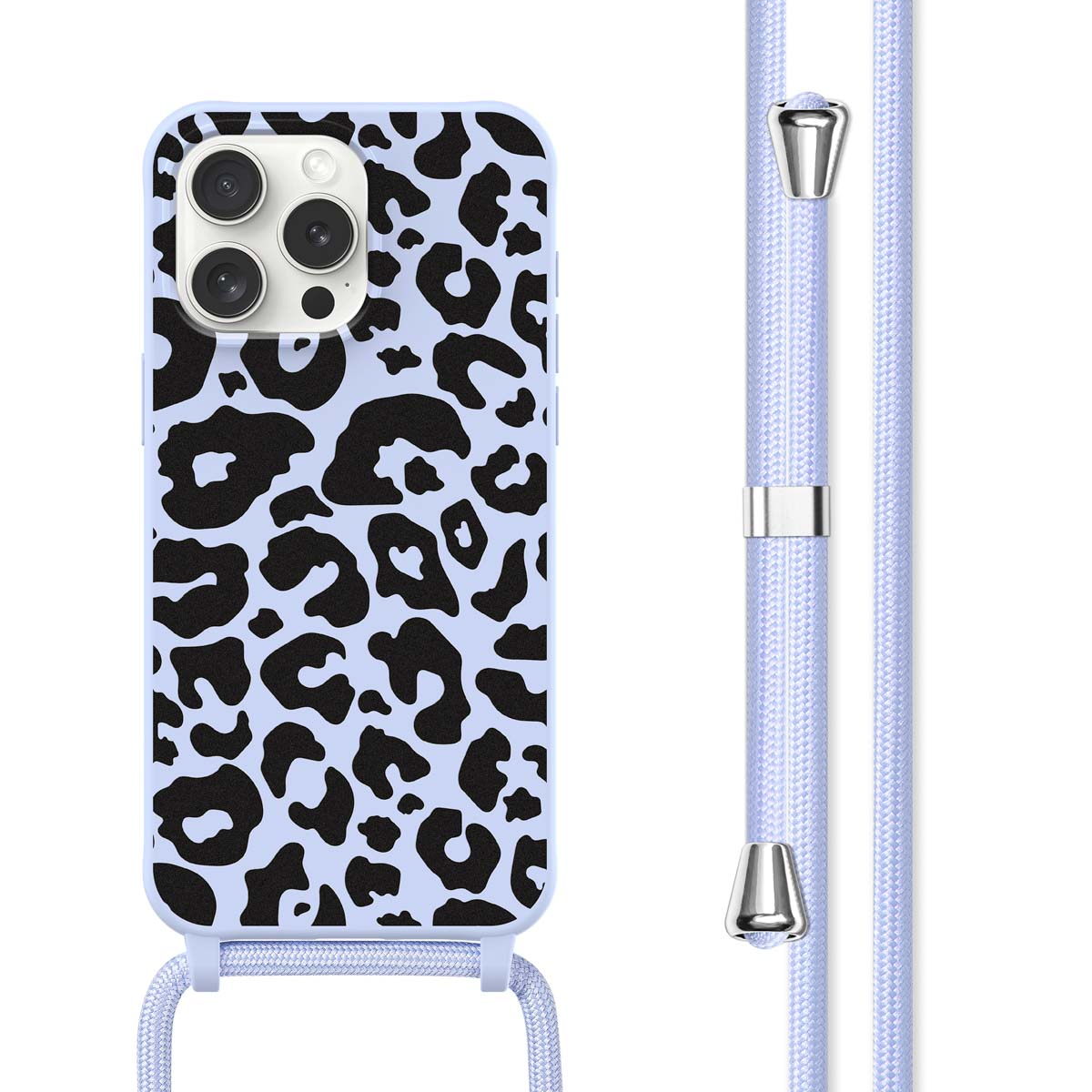 Een telefoonhoesje met een blauwe luipaardprint. Een lichtblauw koord is bevestigd.