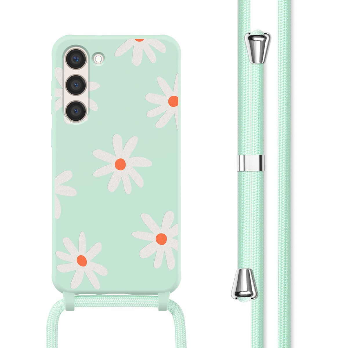 Mintgroen telefoonhoesje met madeliefpatroon en lichtgroene band.