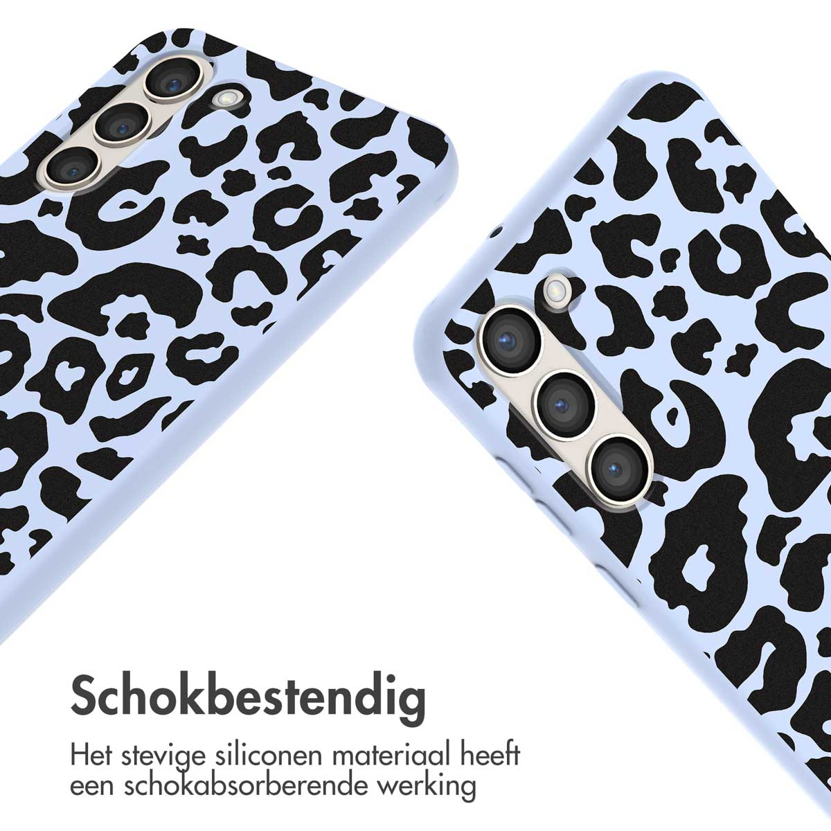 Lichtblauw telefoonhoesje met zwarte luipaardvlekken. Twee hoesjes getoond.
