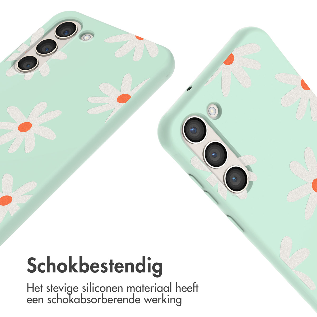 Twee mintgroene telefoonhoesjes met witte madeliefpatronen. Close-up.