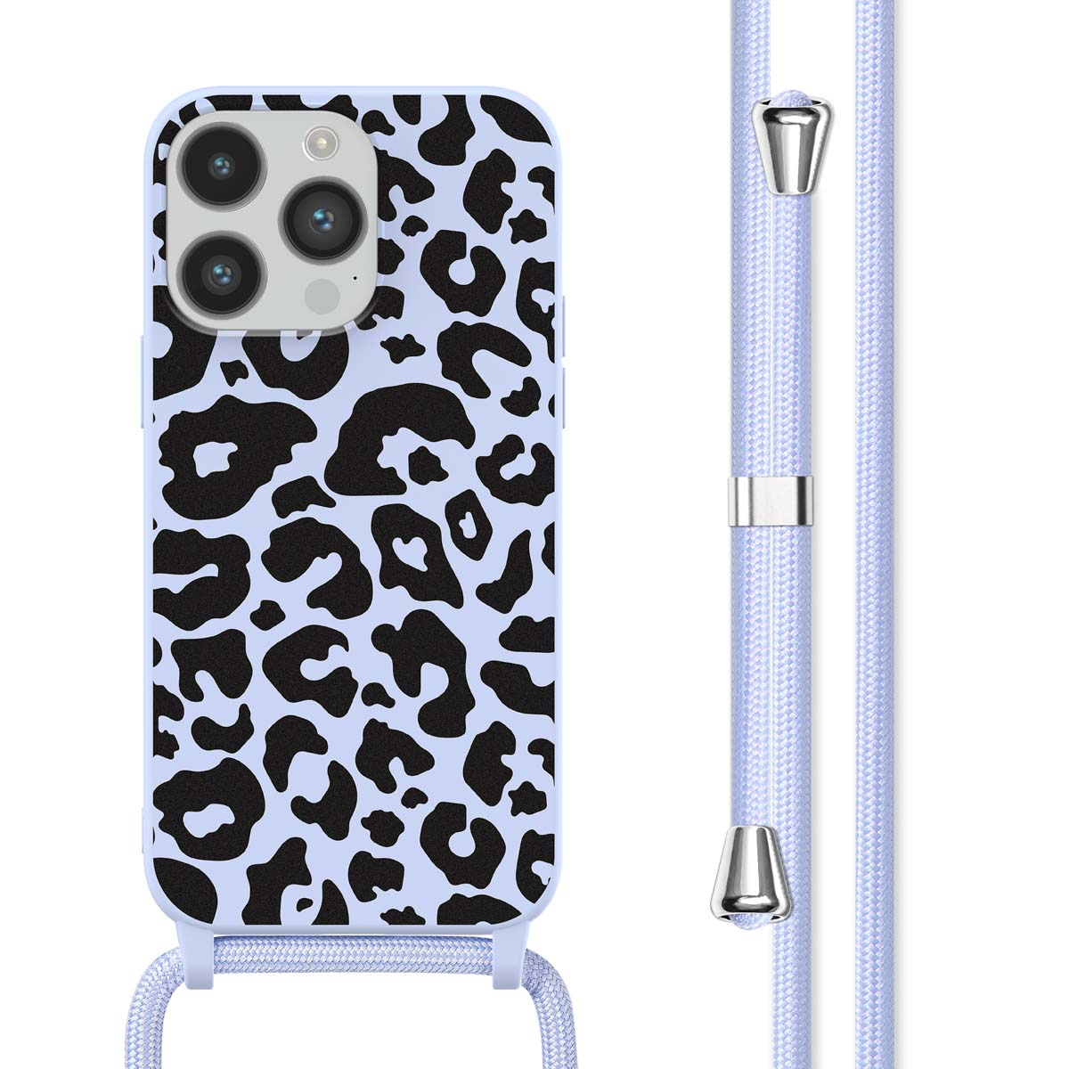 Lichtblauw telefoonhoesje met zwarte luipaardvlekken en een lichtblauwe band.