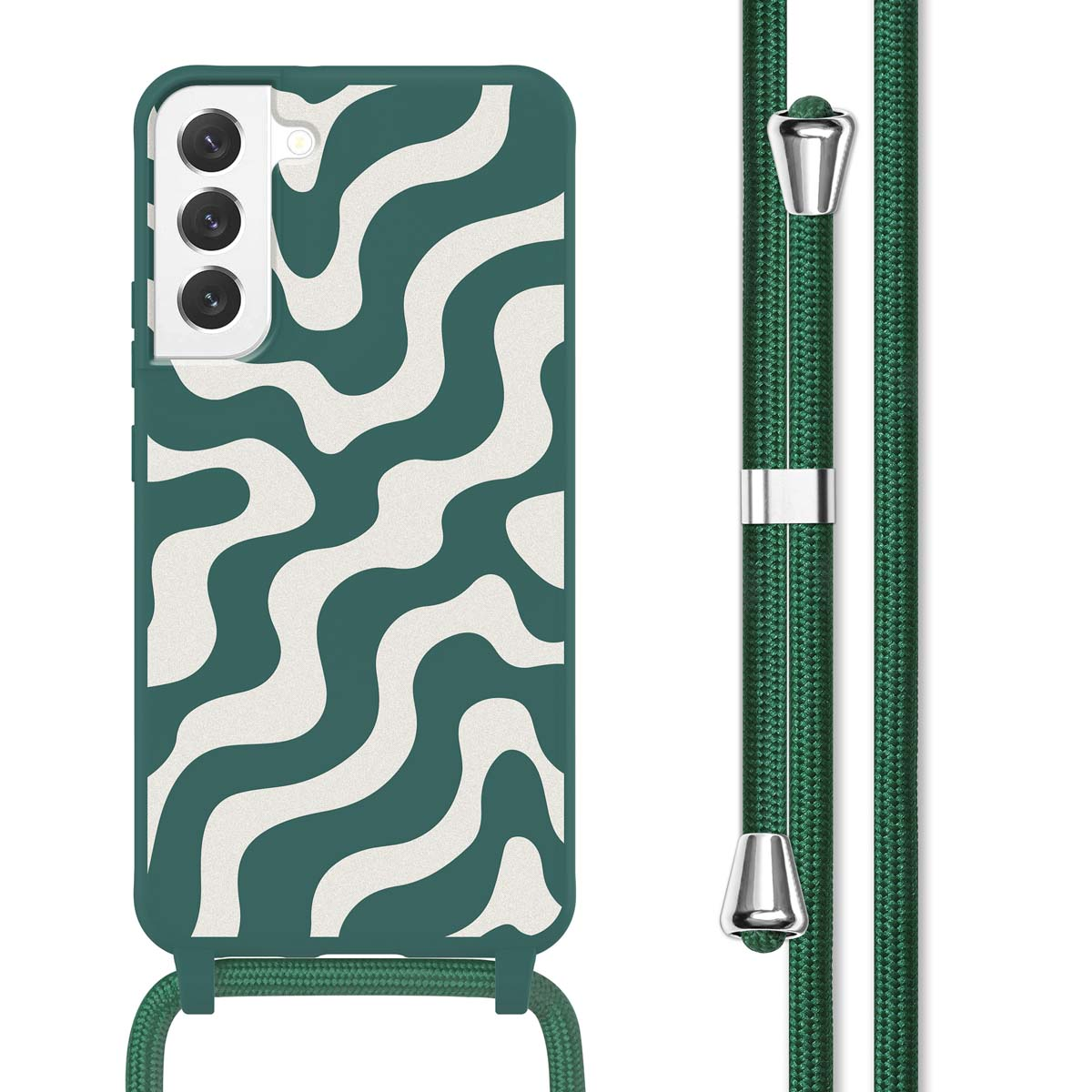 Coque de téléphone verte avec un motif ondulé blanc. Lanière verte assortie attachée.
